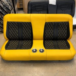C10 Custom Classic Bench seat done in Bright yellow vinyl bolsters + black inserts + yellow stitching.
